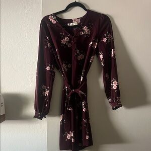 LOFT Burgundy Floral Long Sleeve Tie-Waist Dress